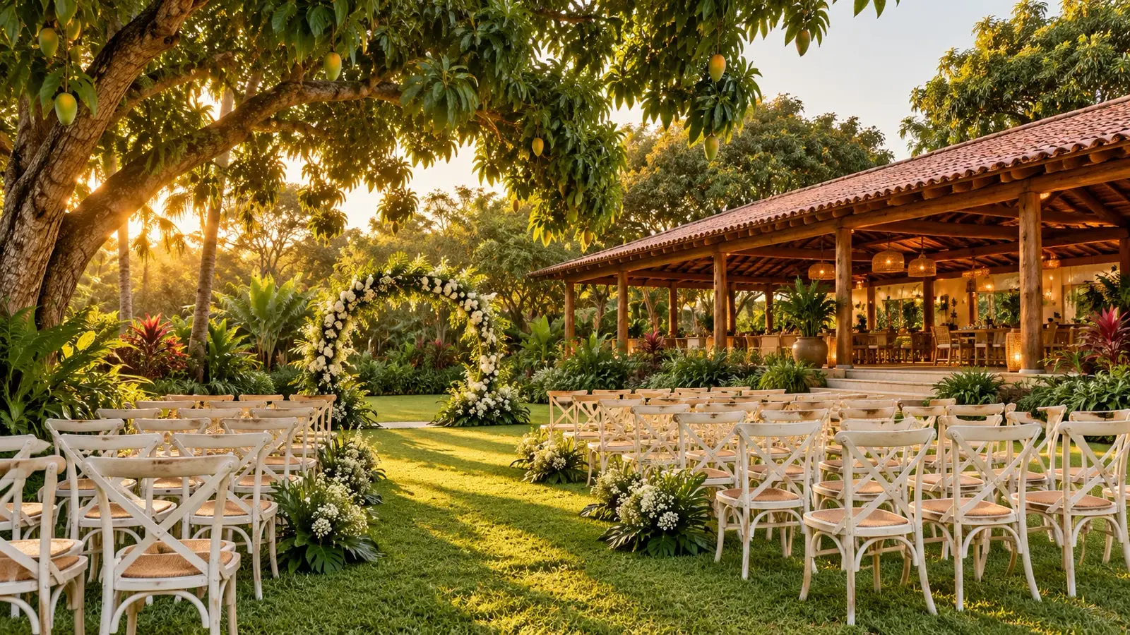 Jardim com cerimônia ao ar livre e pavilhão de madeira, imagem ilustrativa